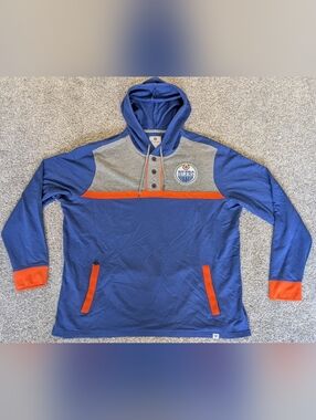 Edmonton Oilers NHL Hockey Hooded Shirt Retro Long Sleeve Blue Orange Men's 2XL